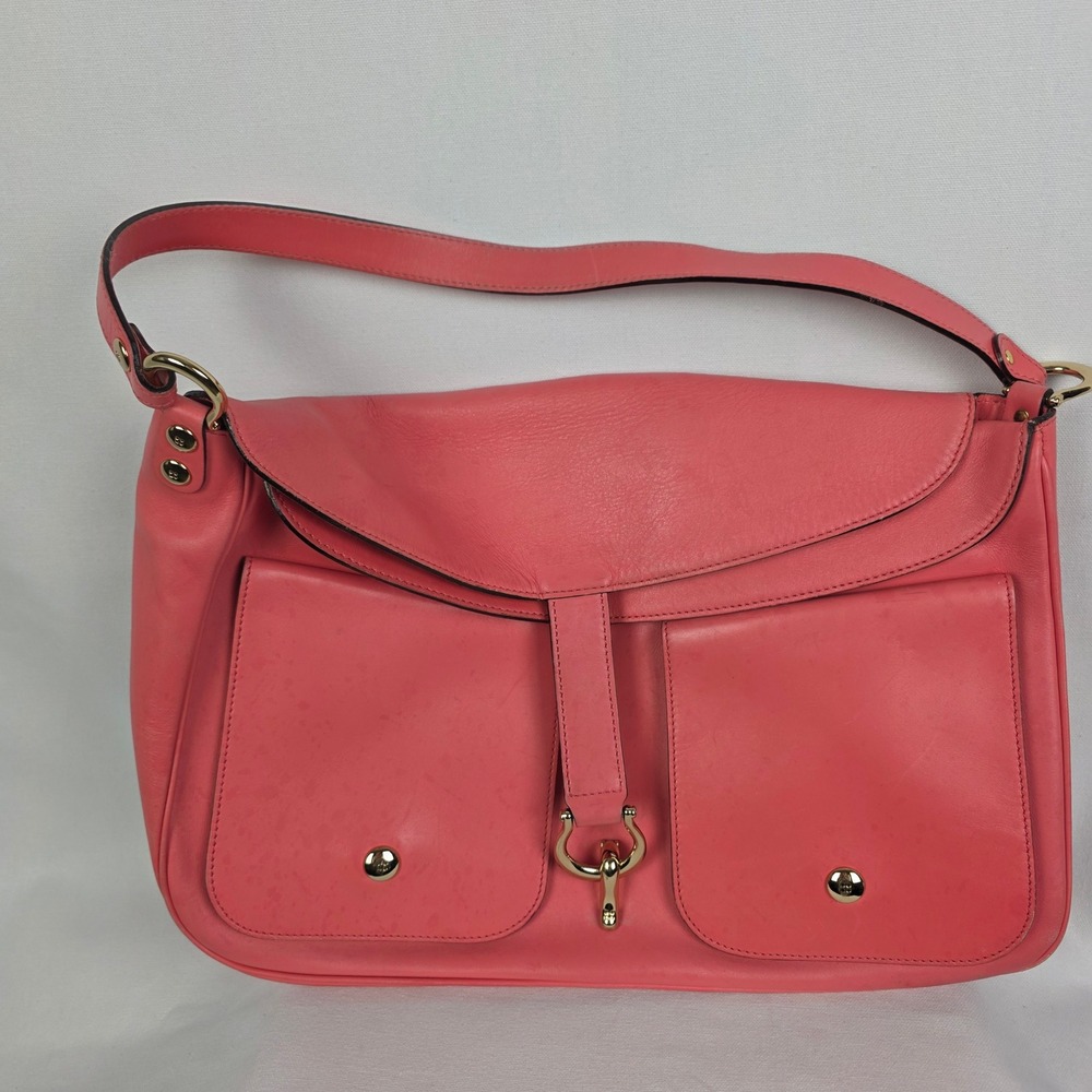 Kate Spade Coral Pink Leather Shoulder Bag Flap Front Pockets Gold Hardware